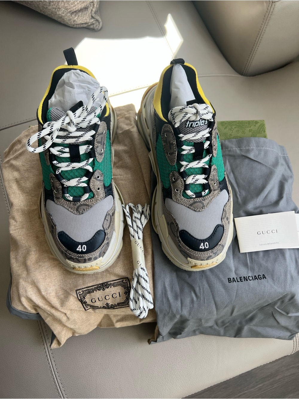 Balenciaga Triple S Men's Green Gray Black Sneakers with Yellow Trim